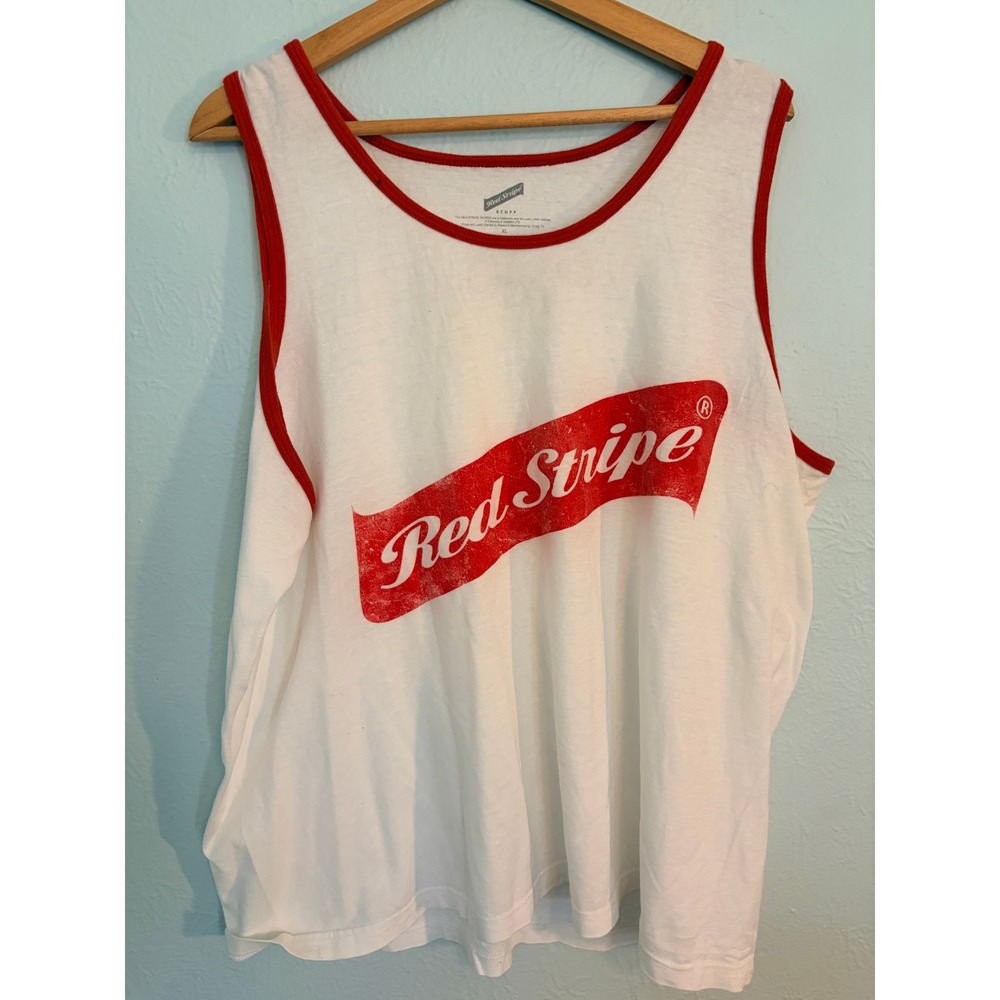 Red Stripe Beer Logo Ringer Tank Top XL White Red 100% Cotton Beach Casual